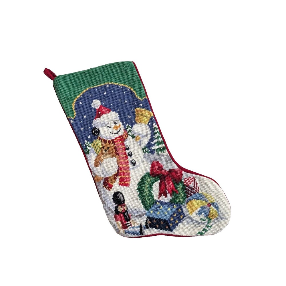Vintage Wool Needlepoint Snowman Stocking Red Velvet Back Toys Wreath Christmas